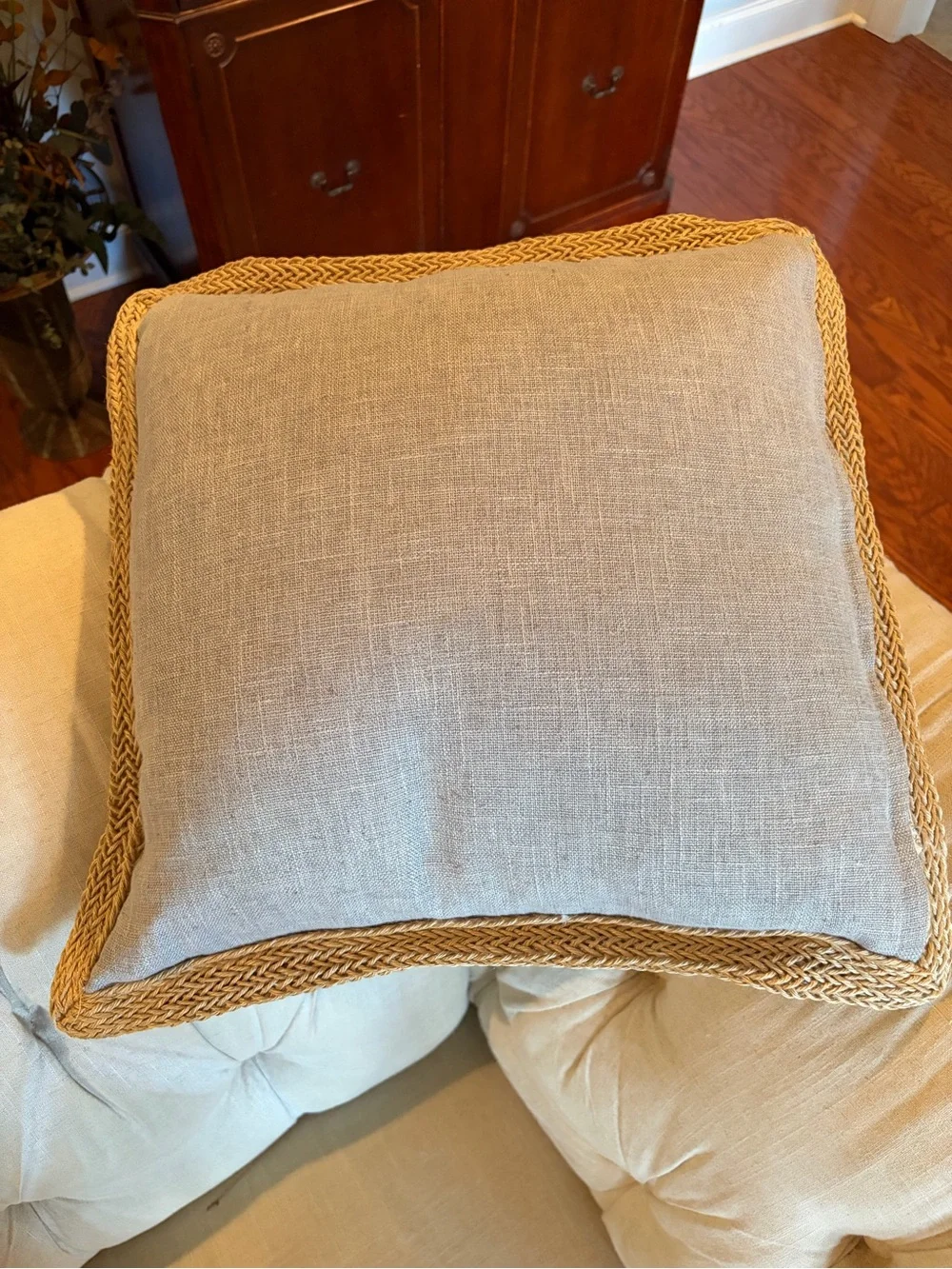Canaan Company EUC Neutral Linen Throw Pillow with Braided Trim - Set of 3
